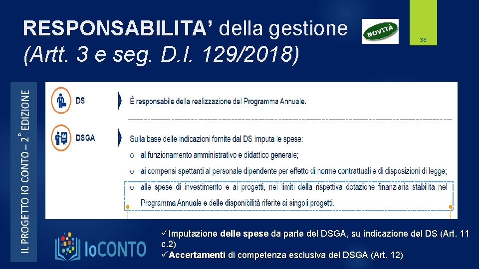 RESPONSABILITA’ della gestione (Artt. 3 e seg. D. I. 129/2018) 36 üImputazione delle spese