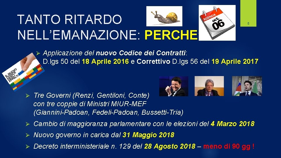 TANTO RITARDO NELL’EMANAZIONE: PERCHE’ Ø 5 Applicazione del nuovo Codice dei Contratti: Contratti D.