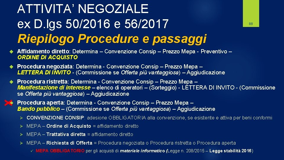 ATTIVITA’ NEGOZIALE ex D. lgs 50/2016 e 56/2017 Riepilogo Procedure e passaggi 88 Affidamento