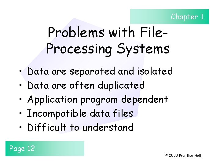 Chapter 1 Problems with File. Processing Systems • • • Data are separated and