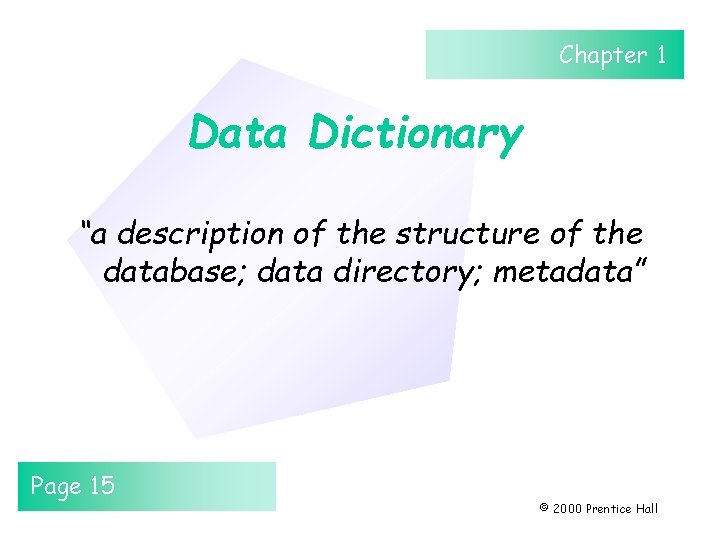 Chapter 1 Data Dictionary “a description of the structure of the database; data directory;