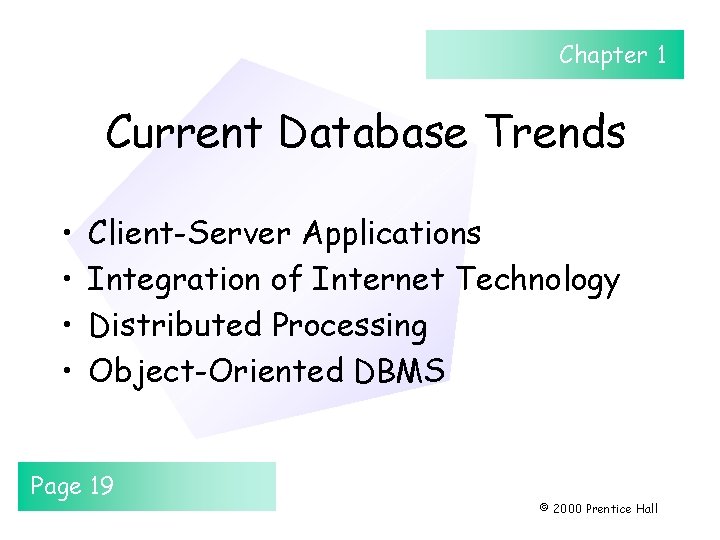 Chapter 1 Current Database Trends • • Client-Server Applications Integration of Internet Technology Distributed