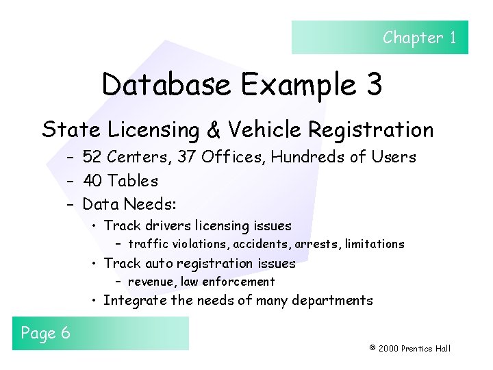 Chapter 1 Database Example 3 State Licensing & Vehicle Registration – 52 Centers, 37
