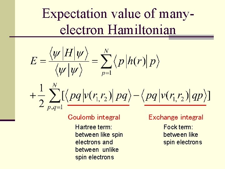 Expectation value of manyelectron Hamiltonian Coulomb integral Hartree term: between like spin electrons and