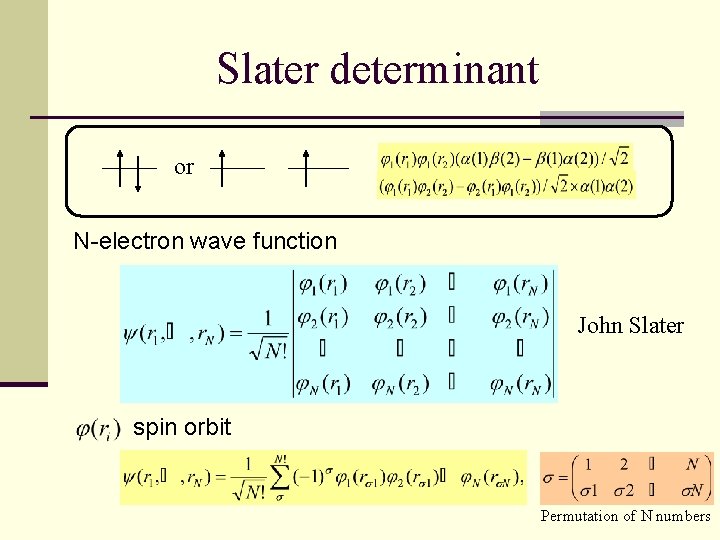 Slater determinant or N-electron wave function John Slater spin orbit Permutation of N numbers