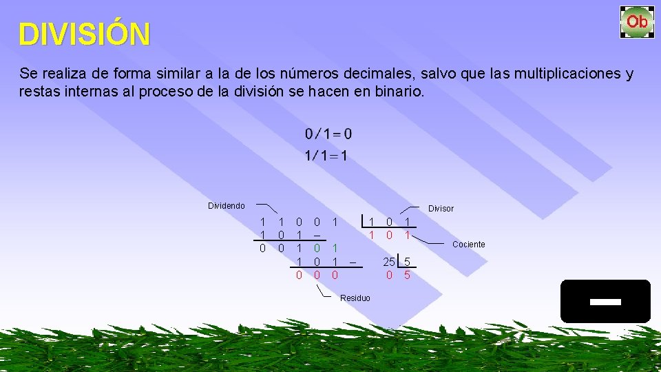 DIVISIÓN Se realiza de forma similar a la de los números decimales, salvo que