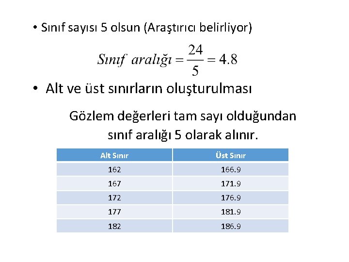 • Sınıf sayısı 5 olsun (Araştırıcı belirliyor) • Alt ve üst sınırların oluşturulması • Sınıf sayısı 5 olsun (Araştırıcı belirliyor) • Alt ve üst sınırların oluşturulması