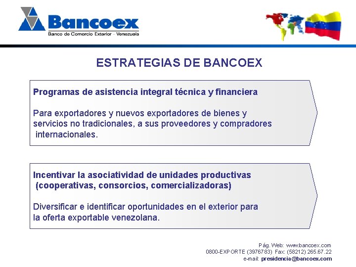 ESTRATEGIAS DE BANCOEX Programas de asistencia integral técnica y financiera Para exportadores y nuevos