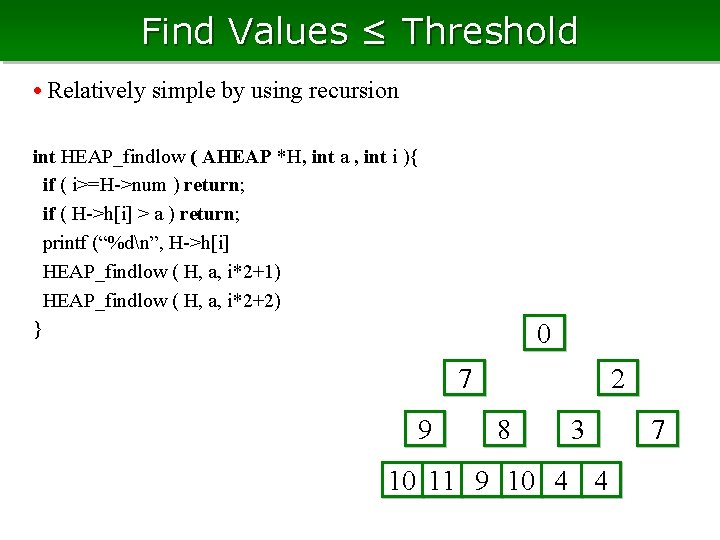 Find Values ≤ Threshold • Relatively simple by using recursion int HEAP_findlow ( AHEAP Find Values ≤ Threshold • Relatively simple by using recursion int HEAP_findlow ( AHEAP