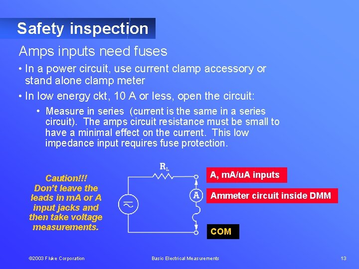 Safety inspection Amps inputs need fuses • In a power circuit, use current clamp