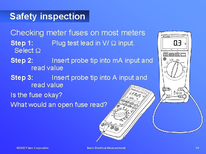 Safety inspection Checking meter fuses on most meters Step 1: Plug test lead in