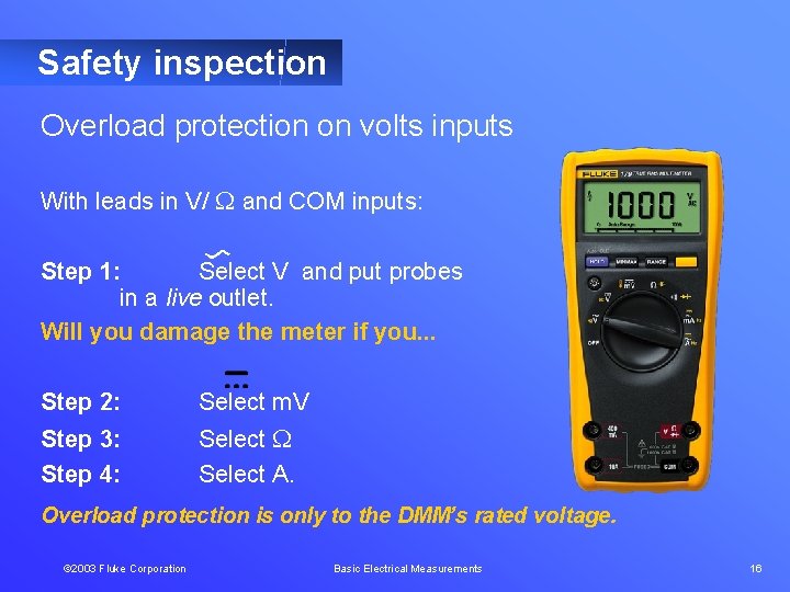 Safety inspection Overload protection on volts inputs With leads in V/ and COM inputs: