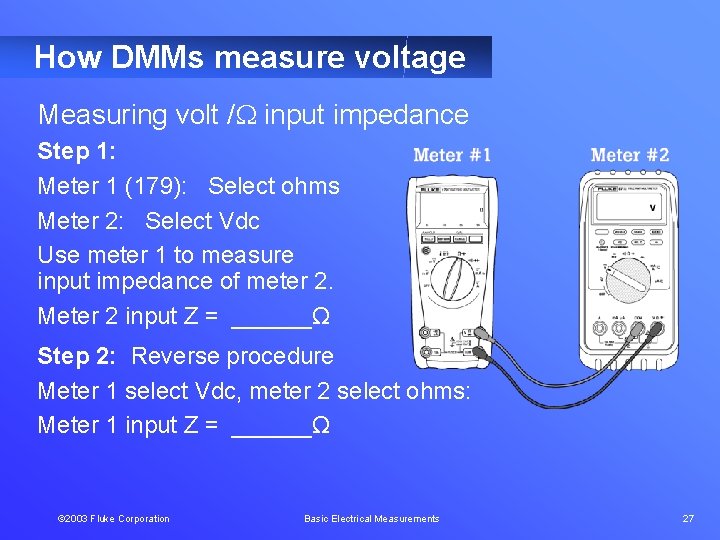 How DMMs measure voltage Measuring volt / input impedance Step 1: Meter 1 (179):