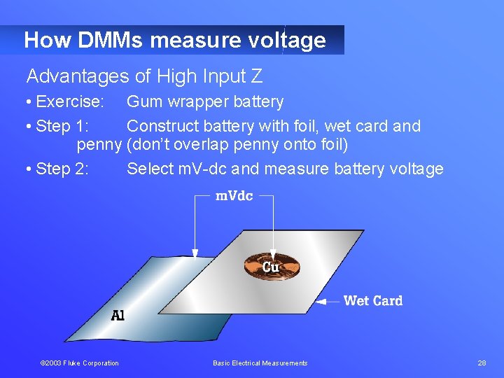 How DMMs measure voltage Advantages of High Input Z • Exercise: Gum wrapper battery