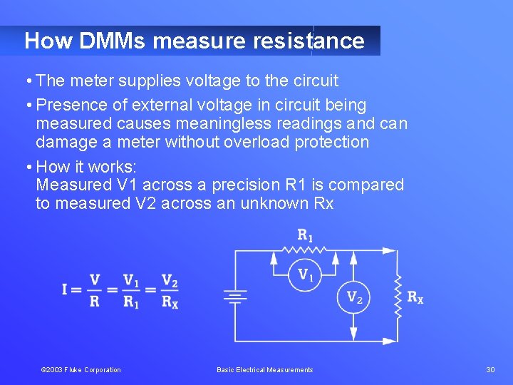 How DMMs measure resistance • The meter supplies voltage to the circuit • Presence