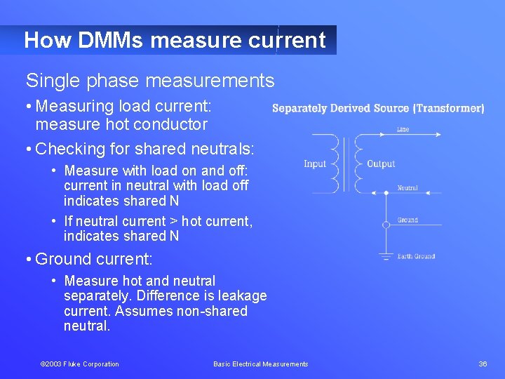 How DMMs measure current Single phase measurements • Measuring load current: measure hot conductor