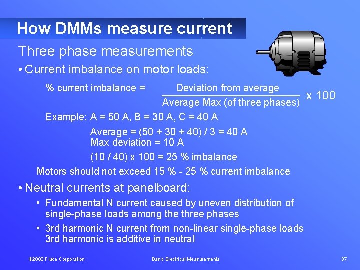 How DMMs measure current Three phase measurements • Current imbalance on motor loads: %