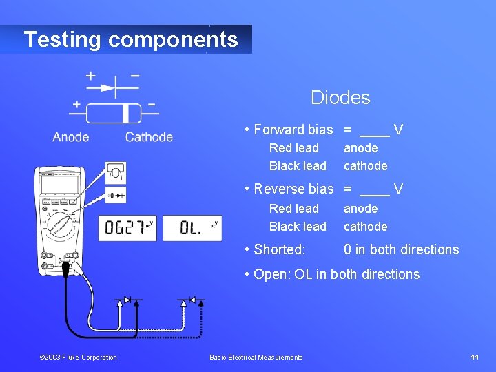 Testing components Diodes • Forward bias = ____ V Red lead Black lead anode