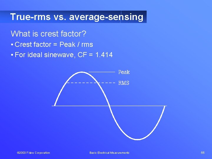 True-rms vs. average-sensing What is crest factor? • Crest factor = Peak / rms
