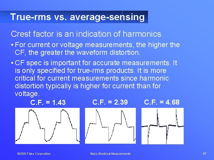 True-rms vs. average-sensing Crest factor is an indication of harmonics • For current or