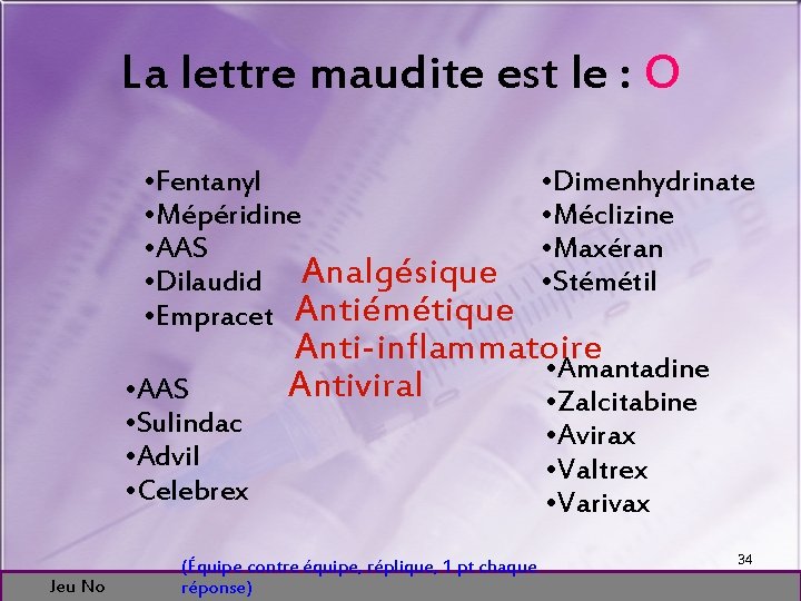 La lettre maudite est le : O • Fentanyl • Mépéridine • AAS •