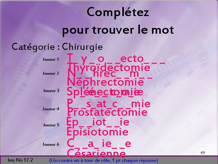 Complétez pour trouver le mot Catégorie : Chirurgie T_ y _ o _ _ecto_