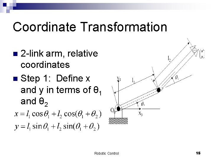 Coordinate Transformation 2 -link arm, relative coordinates n Step 1: Define x and y