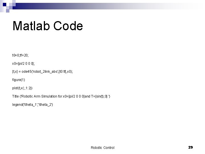 Matlab Code t 0=0; tf=20; x 0=[pi/2 0 0 0]; [t, x] = ode