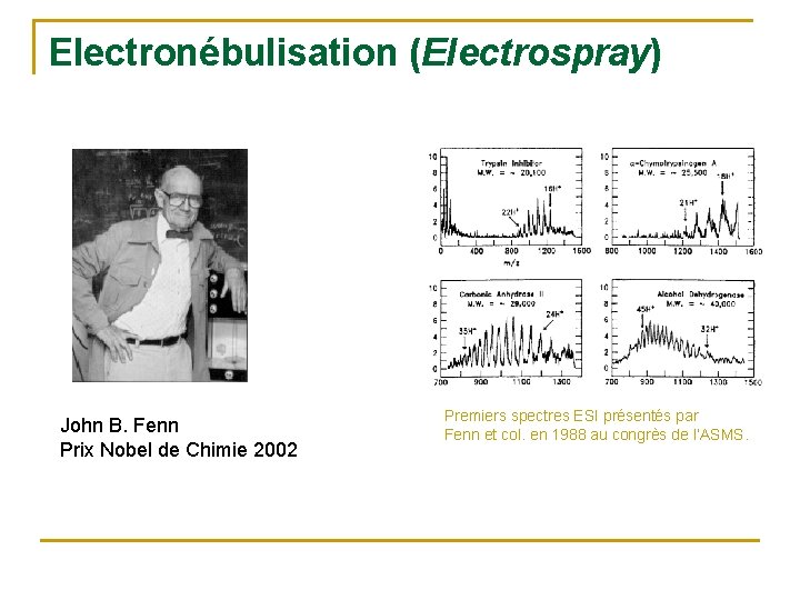 Electronébulisation (Electrospray) John B. Fenn Prix Nobel de Chimie 2002 Premiers spectres ESI présentés