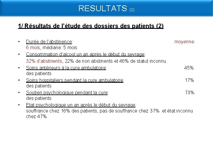 RESULTATS (2) 1/ Résultats de l’étude des dossiers des patients (2) • Durée de