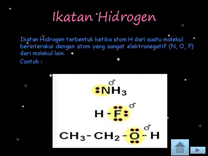 Ikatan Hidrogen terbentuk ketika atom H dari suatu molekul berinteraksi dengan atom yang sangat