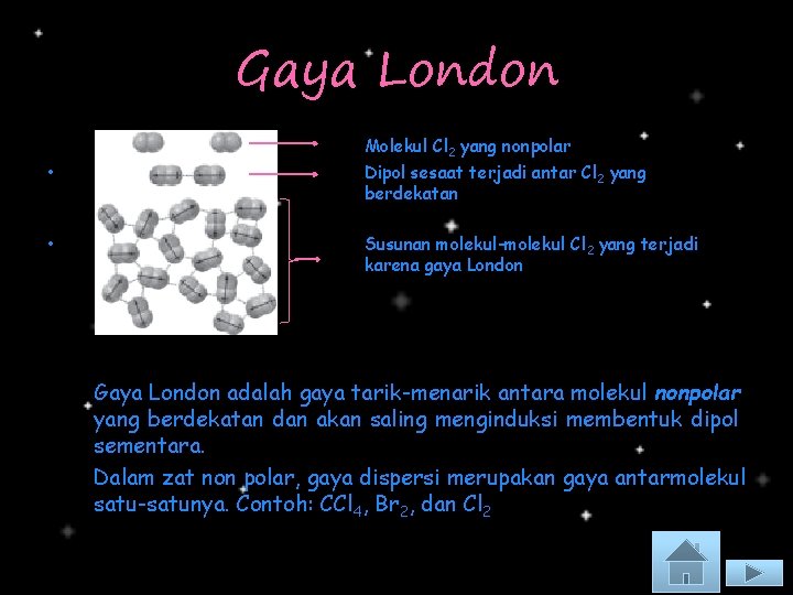 Gaya London • • Molekul Cl 2 yang nonpolar Dipol sesaat terjadi antar Cl