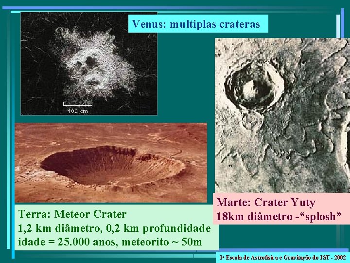 Venus: multiplas crateras Terra: Meteor Crater 1, 2 km diâmetro, 0, 2 km profundidade