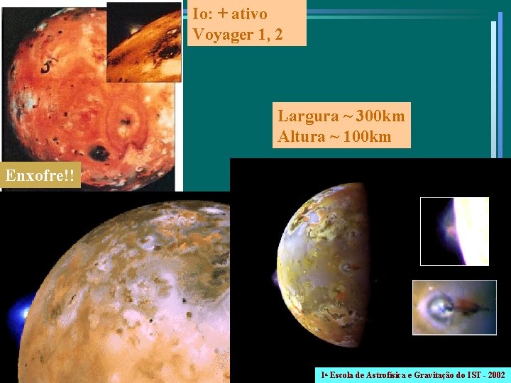 Io: + ativo Voyager 1, 2 Largura ~ 300 km Altura ~ 100 km