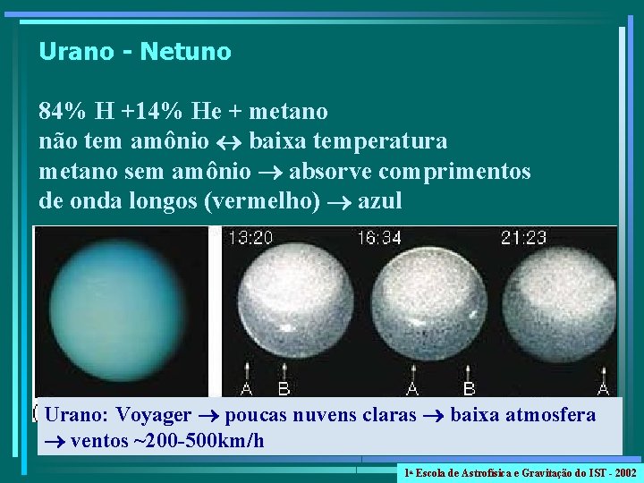 Urano - Netuno 84% H +14% He + metano não tem amônio baixa temperatura