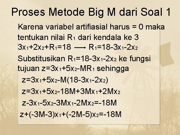 Proses Metode Big M dari Soal 1 Karena variabel artifiasial harus = 0 maka