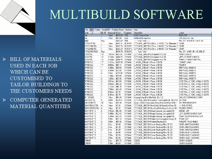 MULTIBUILD SOFTWARE Ø BILL OF MATERIALS USED IN EACH JOB WHICH CAN BE CUSTOMISED