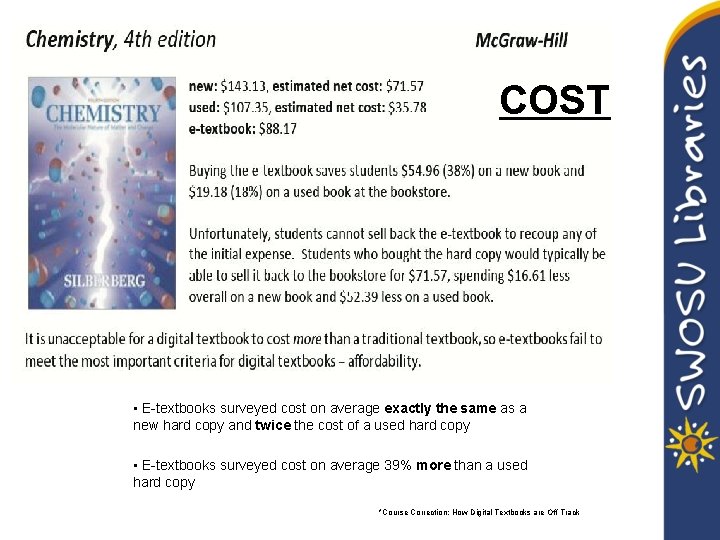 COST • E-textbooks surveyed cost on average exactly the same as a new hard