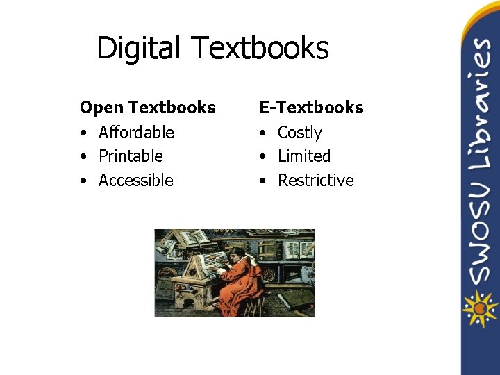  Digital Textbooks Open Textbooks E-Textbooks • Affordable • Printable • Accessible • Costly