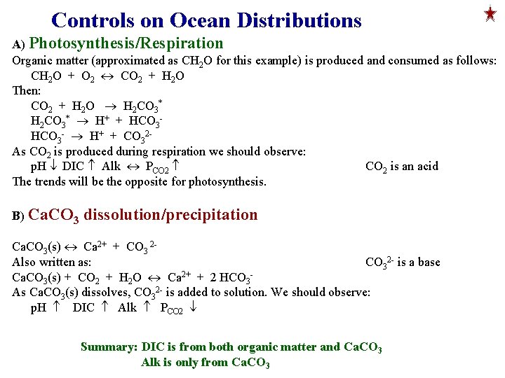 Controls on Ocean Distributions A) Photosynthesis/Respiration Organic matter (approximated as CH 2 O for