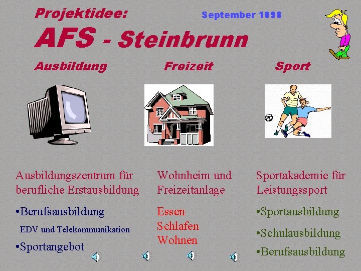 Projektidee: September 1098 AFS - Steinbrunn Ausbildung Freizeit Sport Ausbildungszentrum für berufliche Erstausbildung Wohnheim