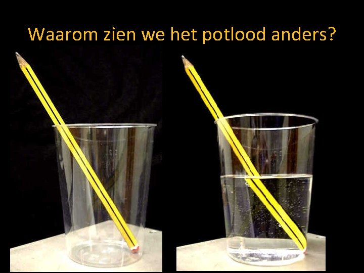 Waarom zien we het potlood anders? • Links zonder water rechts met water. 