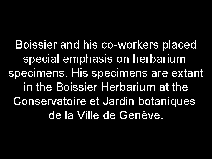 Boissier and his co-workers placed special emphasis on herbarium specimens. His specimens are extant