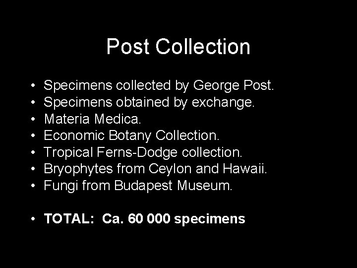 Post Collection • • Specimens collected by George Post. Specimens obtained by exchange. Materia