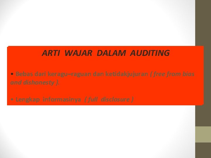 ARTI WAJAR DALAM AUDITING ARTI Bebas dari keragu–raguan dan ketidakjujuran (( free from bias ARTI WAJAR DALAM AUDITING ARTI Bebas dari keragu–raguan dan ketidakjujuran (( free from bias