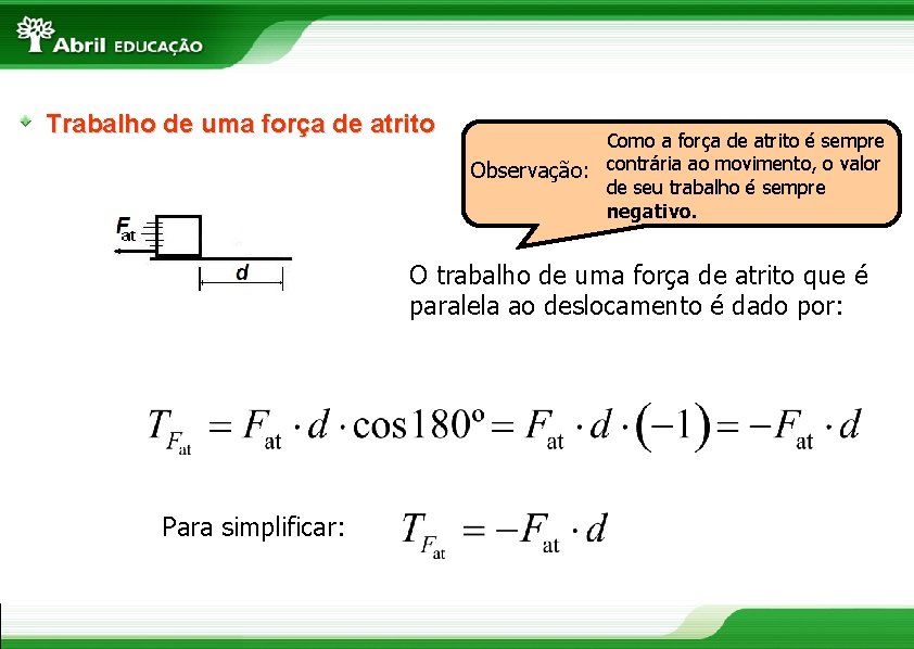 Trabalho de uma força de atrito Como a força de atrito é sempre Observação: