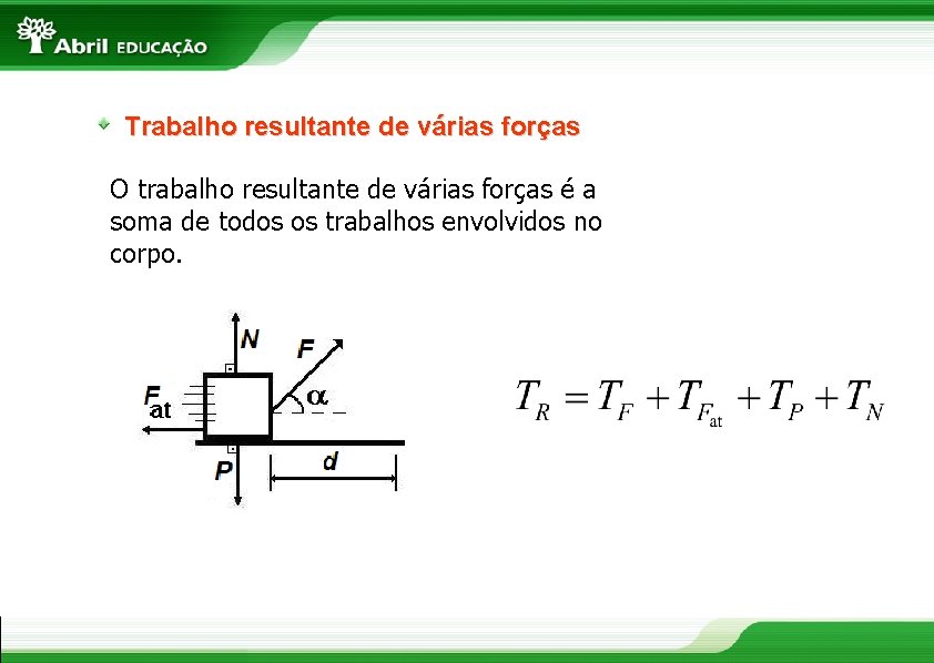 Trabalho resultante de várias forças O trabalho resultante de várias forças é a soma