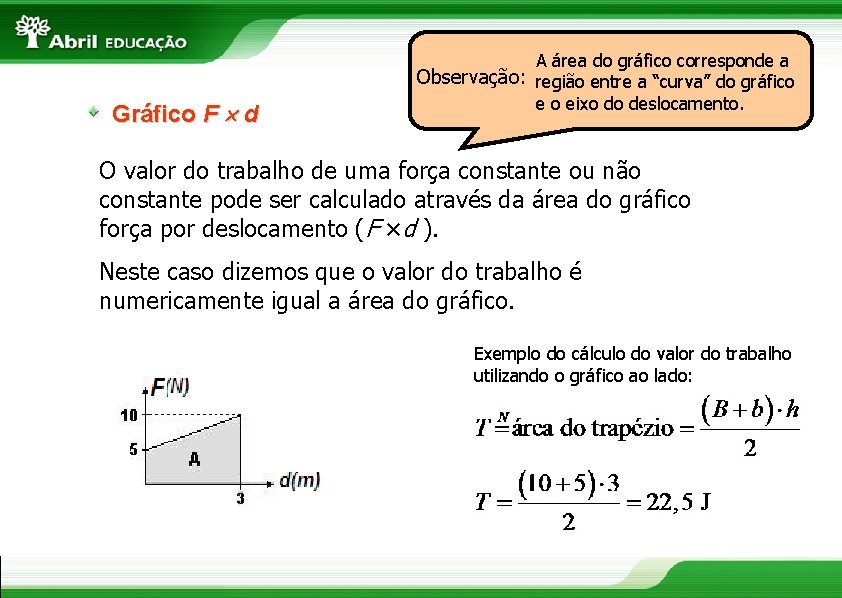 Gráfico F d A área do gráfico corresponde a Observação: região entre a “curva”