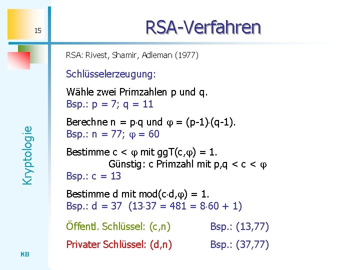 15 RSA-Verfahren RSA: Rivest, Shamir, Adleman (1977) Schlüsselerzeugung: Kryptologie Wähle zwei Primzahlen p und