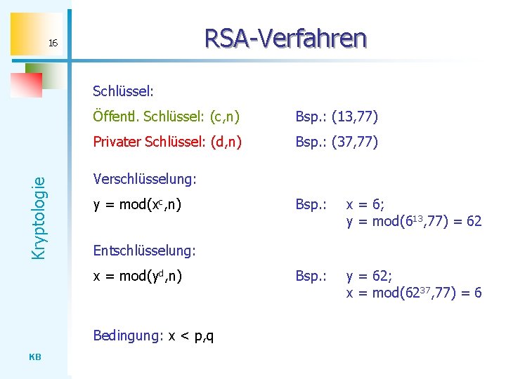 RSA-Verfahren 16 Kryptologie Schlüssel: Öffentl. Schlüssel: (c, n) Bsp. : (13, 77) Privater Schlüssel: